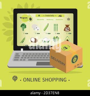 laptop screen with an online store of vegan and vegetarian food. Flat illustration of the site with products and their delivery to the buyer s home. A smartphone app or website selling everything for a healthy lifestyle and nutrition. Ads on your hobby s home page and a delivery box on your laptop. Stock Vector