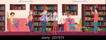 Library background. Kids students choosing books on the shelves in biblioteca vector cartoon illustrations Stock Vector