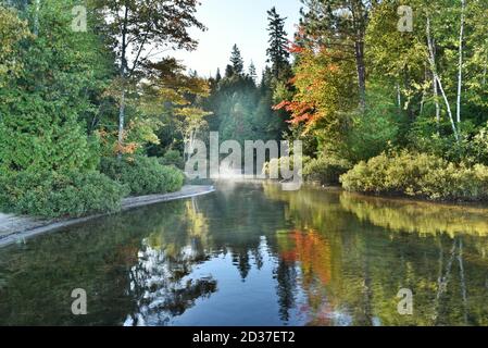 Early morning views of Lakes in Northern Ontario, Canada in the autumn. Fall colours and mist reflect on the lake. Stock Photo