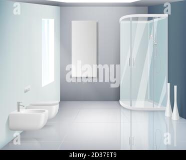 Bathroom interior. Modern toilet or washroom objects bathroom realistic vector background Stock Vector