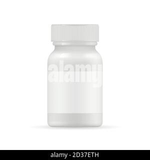 Realistic medication bottle mockup vector. White pills or drugs packing bottle isolated on white background Stock Vector