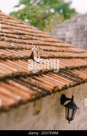Bridal sandals on the old roof of the building with a black street hanging lamp. Stock Photo