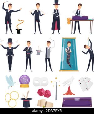 Magician. Show performer in costume and items cards rabbit in hat magic handkerchiefs wand cards steel deck vector cartoons Stock Vector