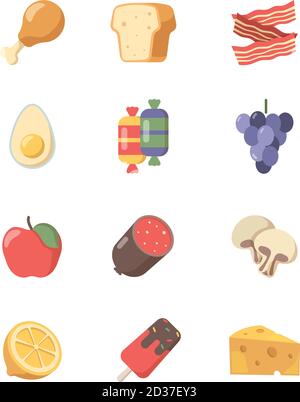 Food icon. Coffee meat cakes pizza eggs and steak and other vector symbols of food in flat style Stock Vector