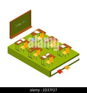 Isometric classroom vector. School room with chalkboard, class desks and chairs 3D illustration Stock Vector