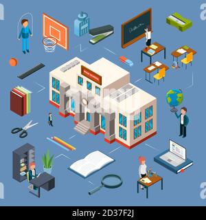 High school isometric vector illustration. 3D school building, classroom, teachers, books, stationery Stock Vector