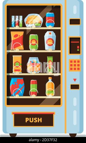 Vending machine. Snack crackers junk food soda drinks saling in vending automat vector cartoon collection Stock Vector