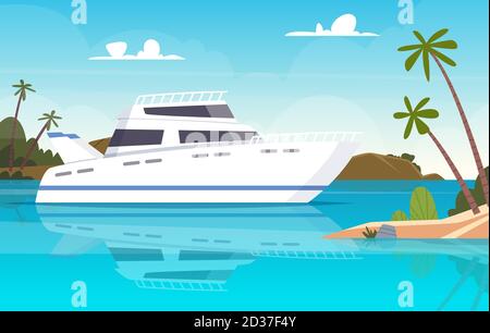 Ship at sea. Fishing boats underwater sunset ocean yacht or vessel vector background Stock Vector