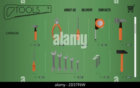 Online store of tools for repair and construction on a laptop . Flat illustration store with fast home delivery. The smartphone app, the main web page for the site. An open laptop with an online tool store page on the screen. Stock Vector