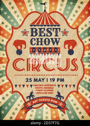 Circus poster. Retro placard magic invitation for circus mascarade event show vector template Stock Vector