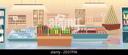 Supermarket cartoon. Products grocery store food market interior vector background Stock Vector