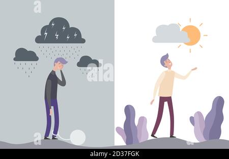 Happy and unhappy man characters. Mental human health vector illustration Stock Vector