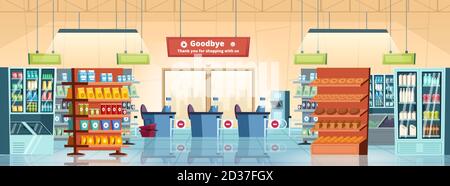 Supermarket background. Grocery store products gastronomy food retail refrigerators inside mall rooms vector cartoon Stock Vector