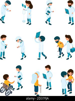 Patient and doctors. Medical staff and patients in clinic reception hospital workers help service vector healthcare isometric people Stock Vector