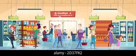 Shopping people. Characters in retail food market with shopping cart buying grocery products vector Stock Vector