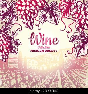 Wine background. Grapes leaves branch bottles corkscrew symbols for frame restaurant menu vector design Stock Vector