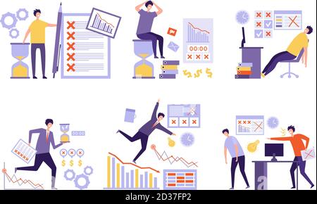 Plan fails. Over much tasks bad management non organized business people overtime work schedule vector concept Stock Vector