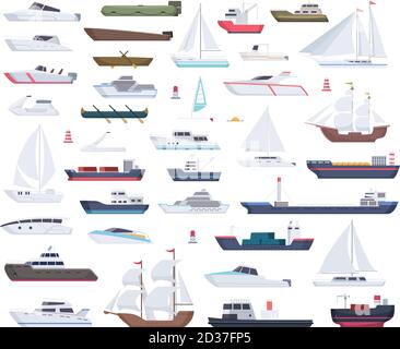 Ocean ships. Yacht sailing boats and travel big and little vessel vector cartoon collection Stock Vector