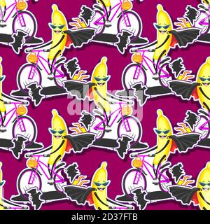 seamless pattern cartoon banana in sunglasses raincoat bat on bike rides Halloween, vector image Stock Vector
