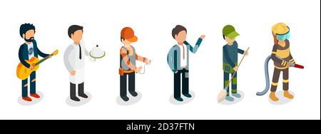Male professionals isolated on white background. Isometric musician, fireman, waiter, electrician, janitor vector characters Stock Vector