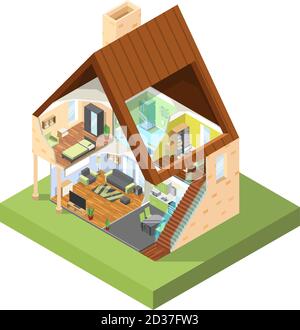 House cutaway isometric. Interior of modern house with different rooms with furniture vector pictures Stock Vector