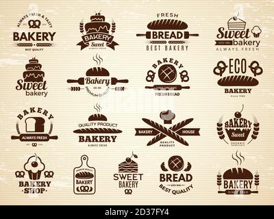 Bakery labels. Pastry and cupcakes cafe icons kitchen food bakery products vector illustrations Stock Vector