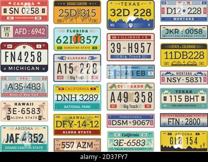 Car plates. Highway automobile license numbers old retro style vector signs collection Stock Vector