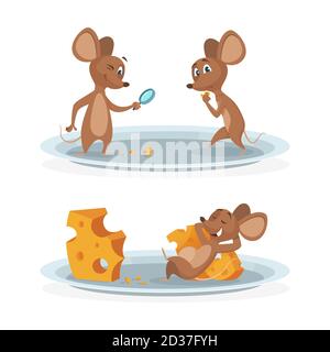 Cartoon mice on cheese plate vector illustration. Mouse with cheese isolated on white background Stock Vector