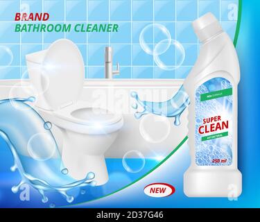 Toilet detergent cleaner. Bathroom soap liquid washing clean of ceramic sink advertizing realistic placard vector template Stock Vector