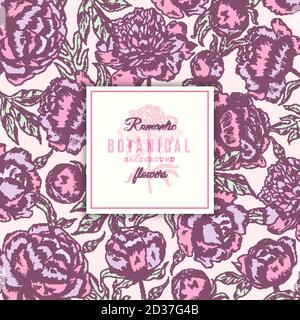 Floral background. Botanical frames of peonies flowers with leaves wedding vector concept hand drawn Stock Vector