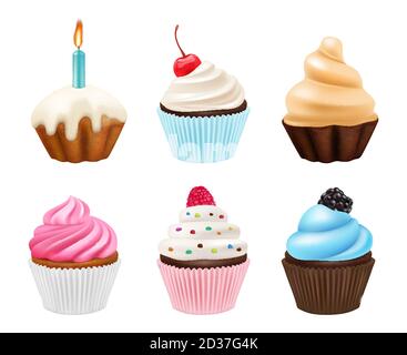Cupcakes desserts. Sweets muffins with cream and chocolate cakes vector realistic pictures collection Stock Vector