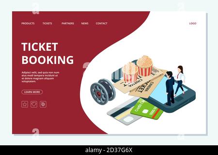 Cinema ticket booking web page template. Vector isometric cinema landing page Stock Vector