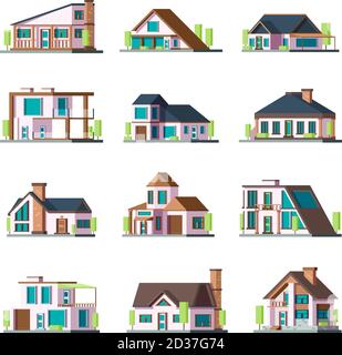 Modern buildings. Living houses villa townhouse suburban facade constructions tower vector flat illustrations Stock Vector