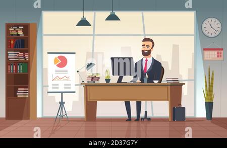 Director office. Interior businessman sitting at the table vector office cartoon picture Stock Vector