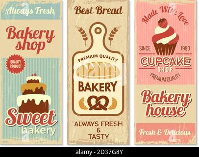 Bakery banners. Sweet cakes kitchen logotype for cooking projects vector restaurant menu template Stock Vector