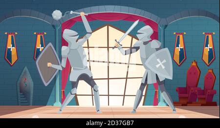 Castle interior. Medieval royals room with knight fighters vector castle in cartoon style Stock Vector