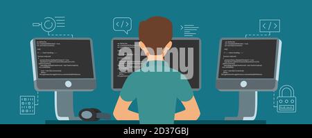 Software developer character. Vector programmer develops code illustration Stock Vector