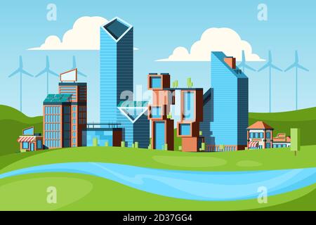 Eco city. Green concept with urban landscape save nature clean environment in eco city vector background Stock Vector