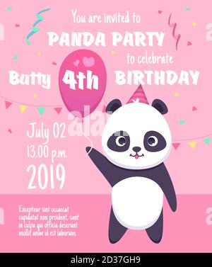 Kids party invitation. Panda characters greeting cards with cute little bear animals party celebration placard vector template Stock Vector