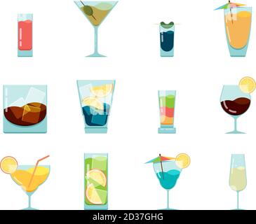 Cocktails flat icon. Alcoholic summer party drinks in glasses cuba libre cosmopolitan vodka mojito vector icon collection Stock Vector
