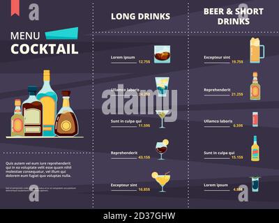 Cocktail menu. Alcoholic different corporate drinks in restaurant or bar menu vector design template Stock Vector