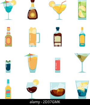 Drink glass. Alcohol concept. Beverage icon set. Line design. Vodka, wine,  champagne, whiskey, liquor, beer, tequila, rum, martini. Cartoon  illustration isolated on white background in flat style Stock Vector
