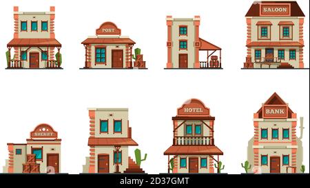 Western buildings. Wild west architectural constructions saloon vector collection Stock Vector