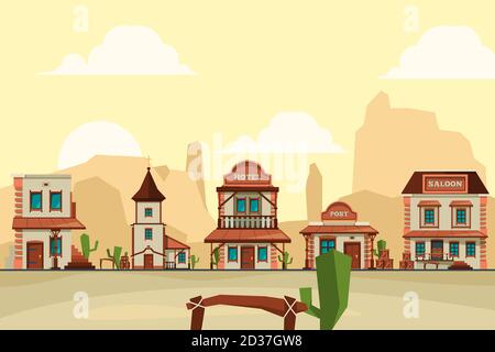 Wild west town. Old western architectural elements city background with saloon bar and store vector background illustrations Stock Vector
