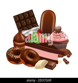 Chocolate desserts collection. Realistic cupcake, cake, glazed donuts, chocolate bar vector illustration Stock Vector
