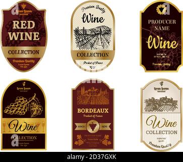 Wine vintage labels. Alcohol wine champagne drinks badges luxury style with pictures of vineyard silhouettes and grapes vector pictures Stock Vector