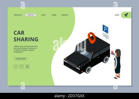 Car sharing landing page. Woman finds car with mobile app vector isometric concept Stock Vector