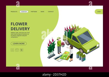 Flower delivery web banner template. Vector isometric flowers and plants landing page Stock Vector