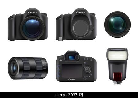 Digital camera. Photo studio professional equipment dslr camera lens and flashes vector realistic Stock Vector