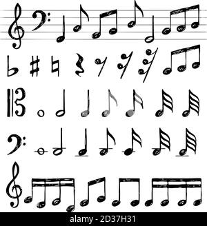 Music notes collection. Treble clef sound black symbols piano keys stave f sharp vector pictures Stock Vector